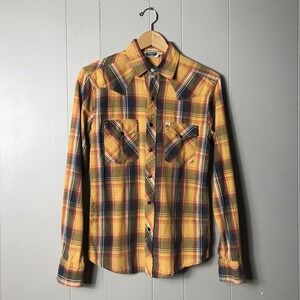 SALT VALLEY WESTERN YELLOW RED PLAID BUTTON DOWN SHIRT SNAPS MENS SIZE XS